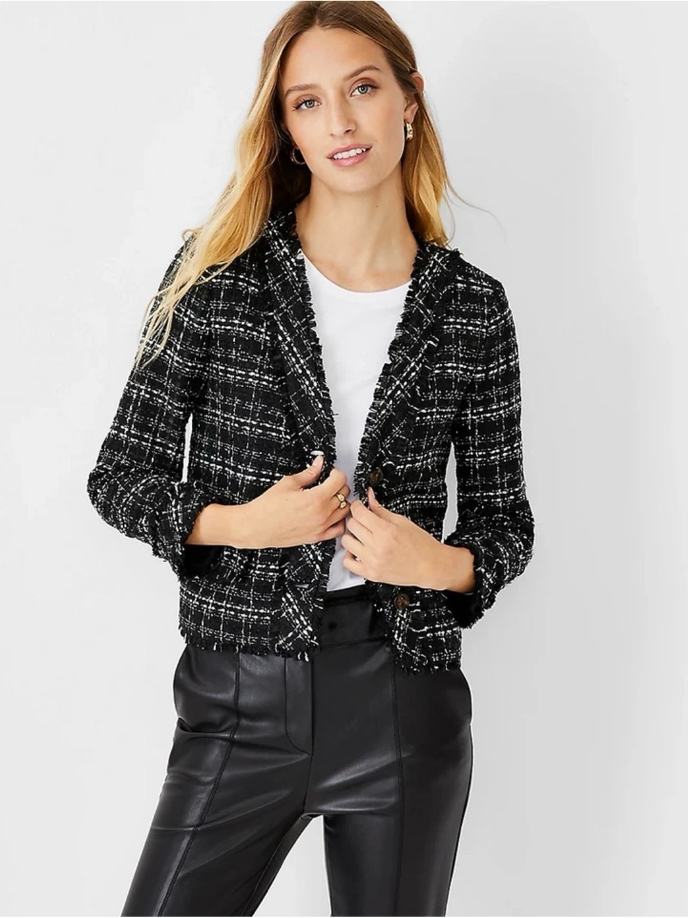 Ann Taylor Black & White Tweed Fringe-Trim Suit Jacket